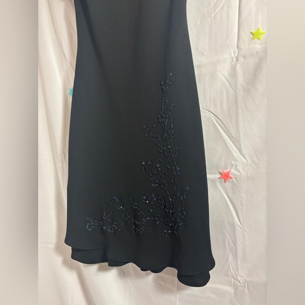 Vintage 90's Little Black Dress Beaded Ruffle Hem Knee Length Structured Size S - Picture 11 of 16
